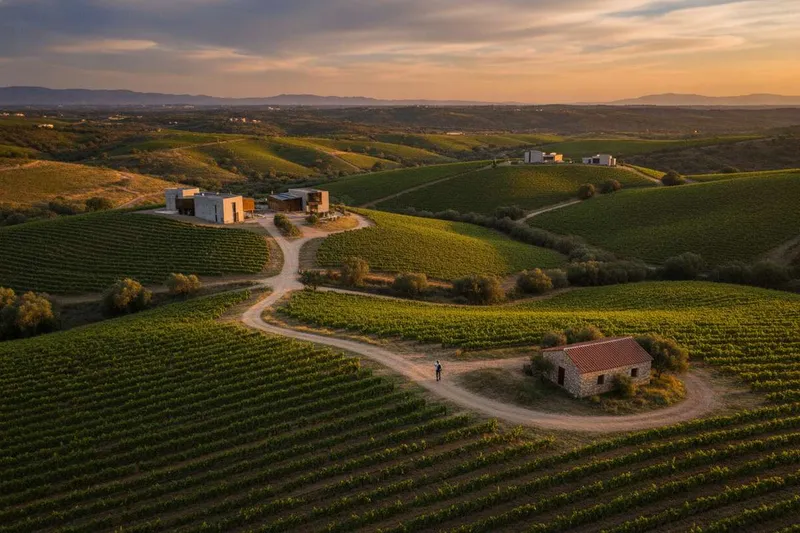 Spring vineyard rows and dry hills in Valle de Guadalupe during April wine season