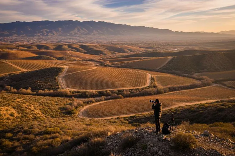 Winter vineyard rows and dry hills in Valle de Guadalupe during February wine season