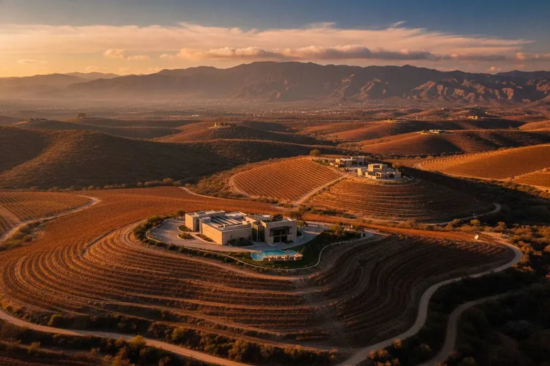 Winter vineyard rows and dry hills in Valle de Guadalupe during January wine season