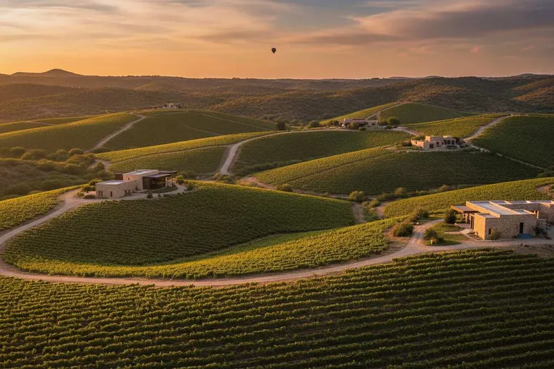 Summer vineyard rows and dry golden hills in Valle de Guadalupe during July wine season