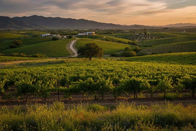 Dry summer vineyard rows and golden hills in Valle de Guadalupe during June wine season