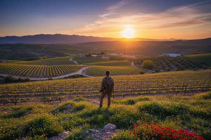 Vineyard rows and dry Baja hills in Valle de Guadalupe during March wine season