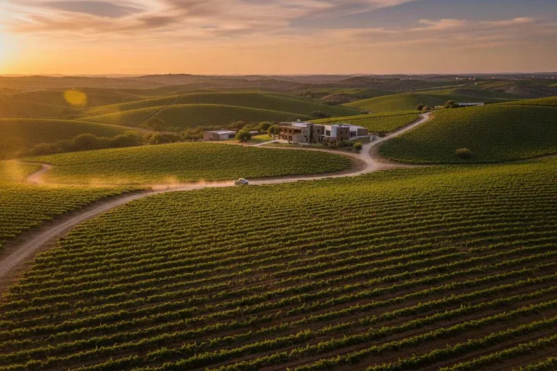 Warm spring vineyard rows and dry hills in Valle de Guadalupe during May wine season