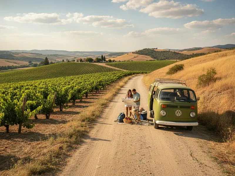 Rural road passing vineyards and dry hills in Valle de Guadalupe Baja California