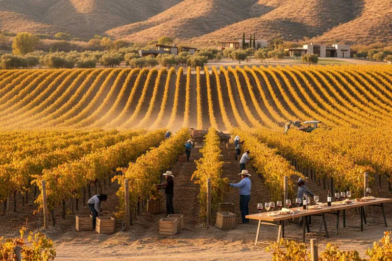 Golden vineyard rows in Valle de Guadalupe during Baja wine harvest season