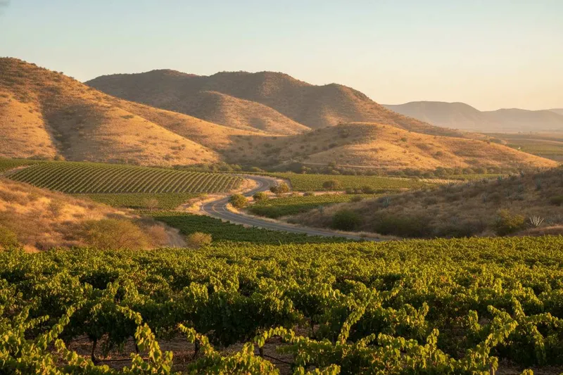 Wine route road through Valle de Guadalupe vineyards and dry Baja hills