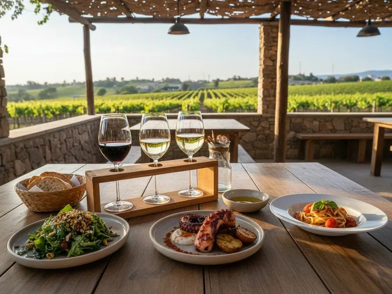 Wine tasting flight and lunch plates at a Valle de Guadalupe winery restaurant