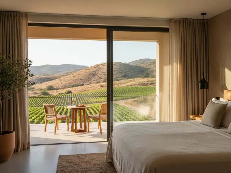 Vineyard-view hotel room in Valle de Guadalupe with dry hills and vines outside