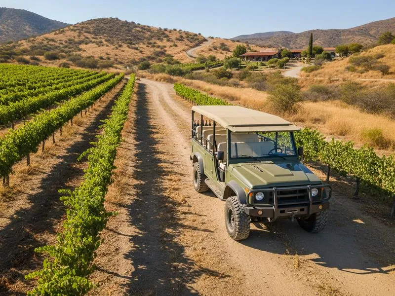 Wine tour vehicle parked beside vineyard rows in Valle de Guadalupe Baja California
