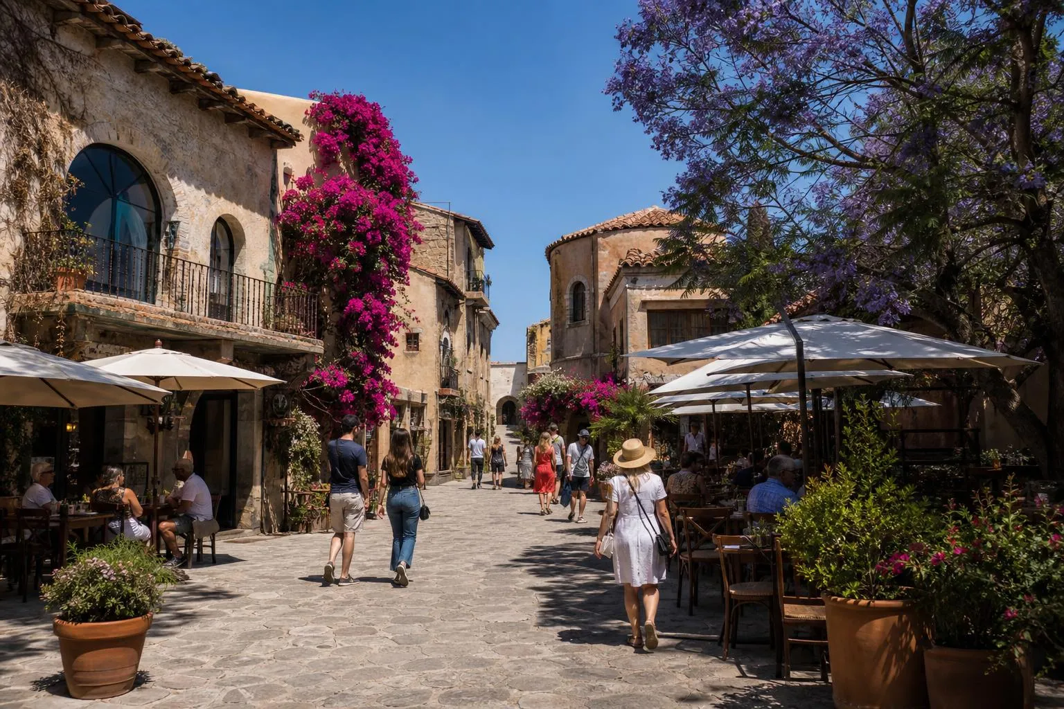 Stone street and spring flowers in Val'Quirico during warm April weather