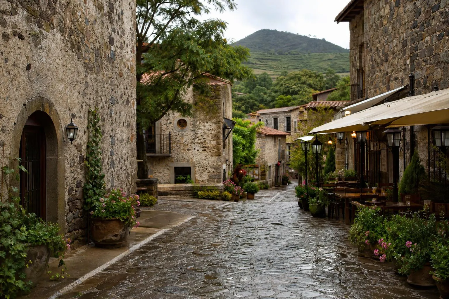 Wet cobblestone lane and restaurant terraces in Val'Quirico after August rain