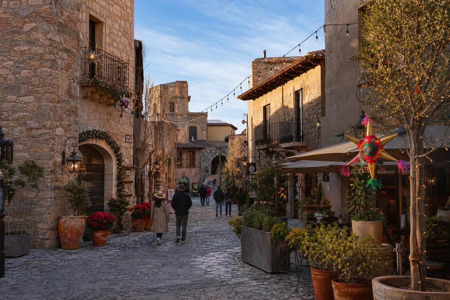 Stone street in Val'Quirico with warm restaurant lights and subtle December holiday decorations