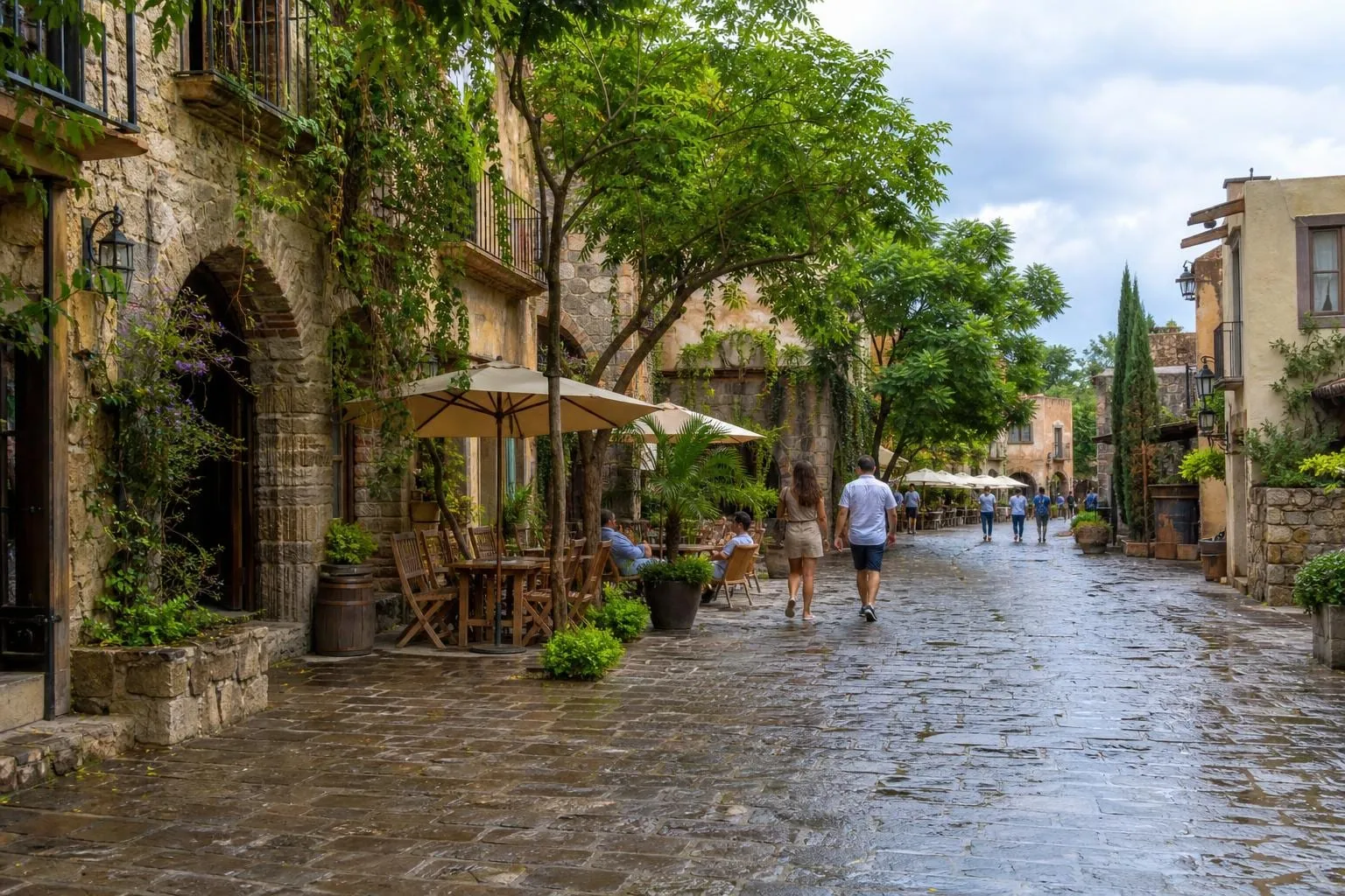 Cobblestone lane and restaurant terraces in Val'Quirico after July rain
