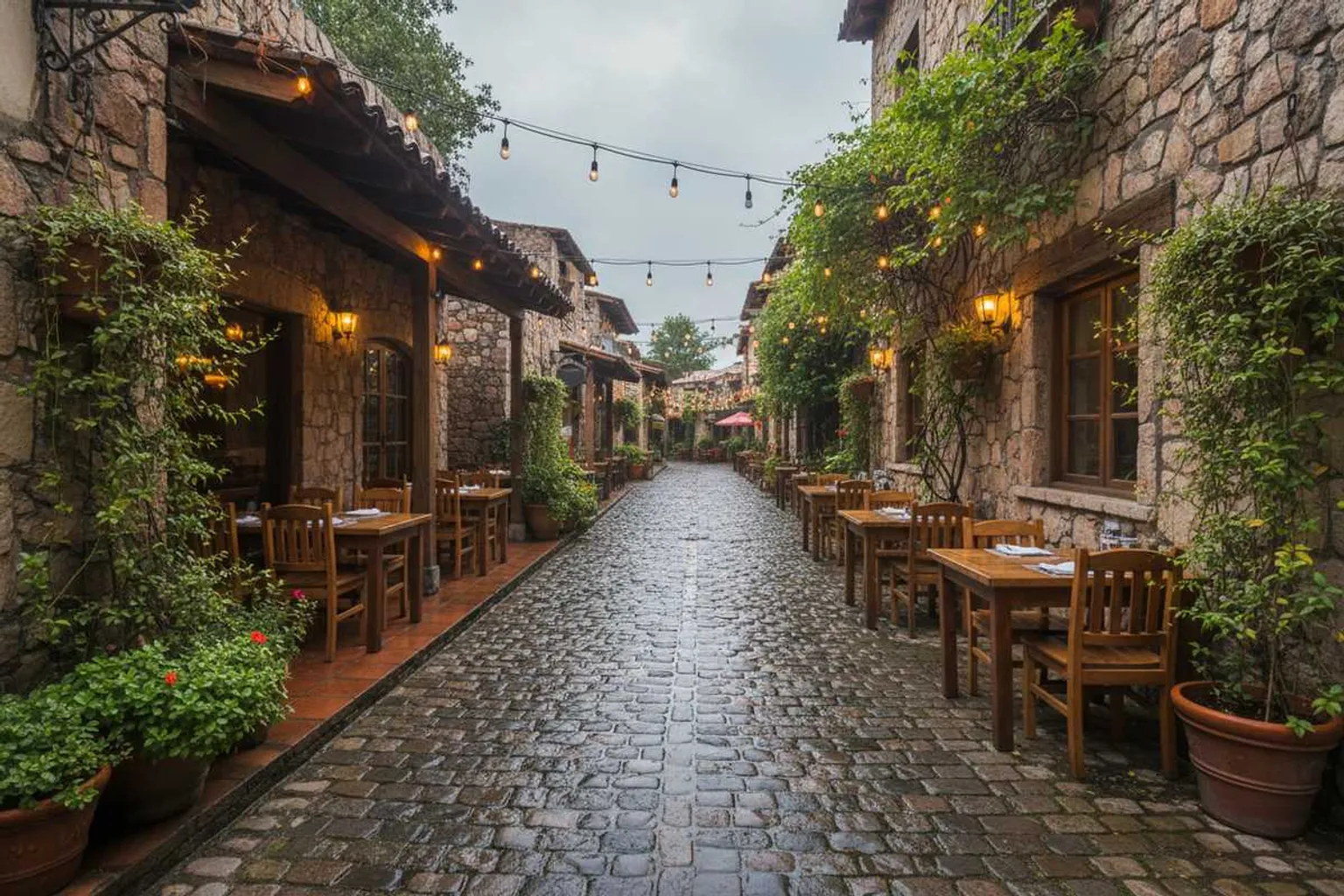 Stone lane and restaurant terraces in Val'Quirico during green June rainy season
