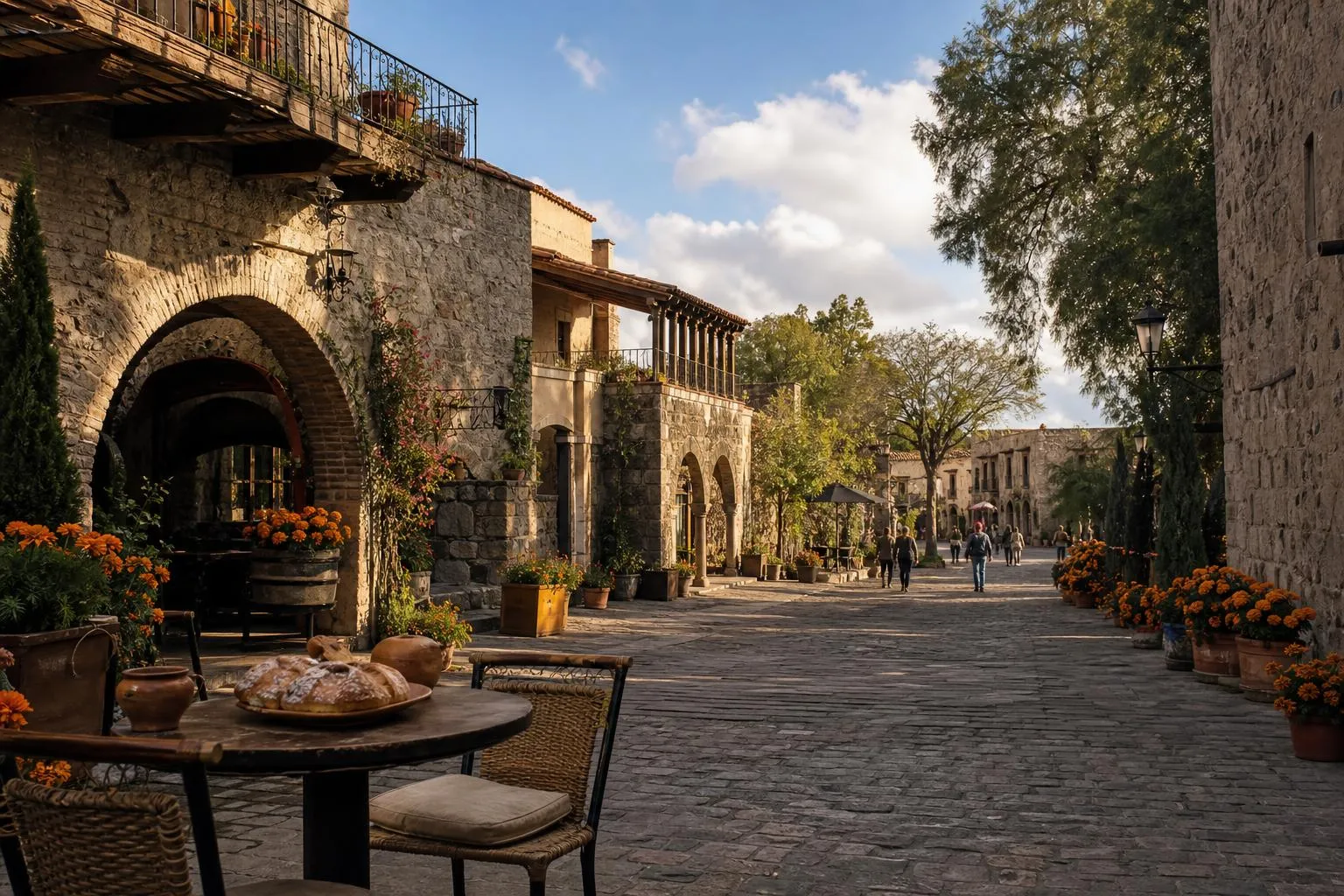 Stone street in Valquirico with restaurant terraces, marigold flowers, and clear November highland light