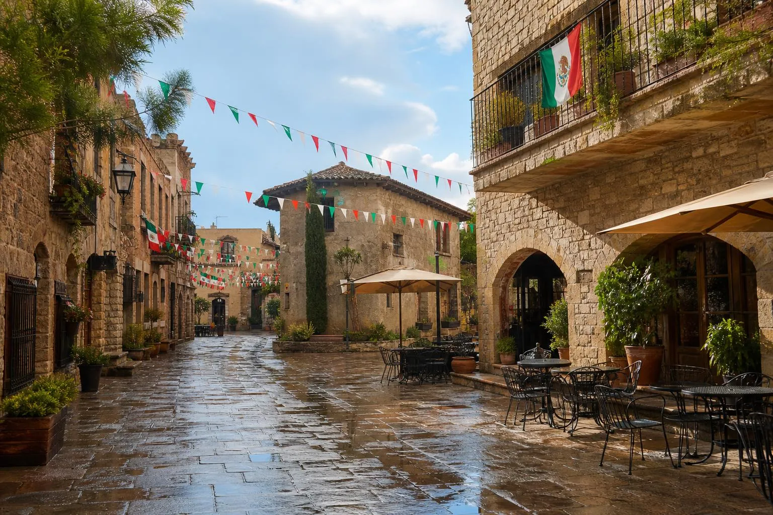 Stone lane in Valquirico with restaurant terraces and Mexican Independence Day flags in September