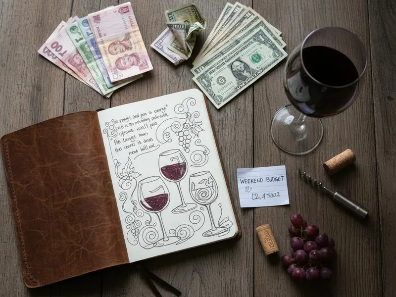 Notebook with Baja wine tasting notes, peso amounts, dollar amounts, and a weekend cost tally