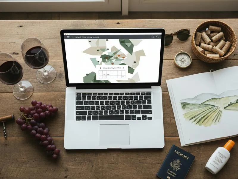 Laptop hotel search for Valle de Guadalupe vendimia weekend with wine glasses nearby