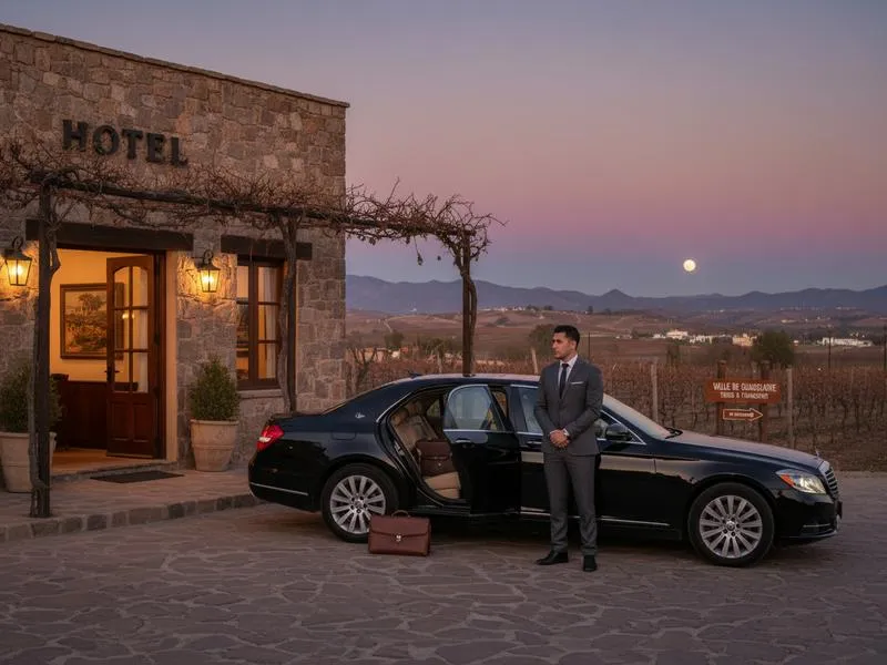 Driver waiting outside a vineyard hotel in Valle de Guadalupe after a harvest dinner