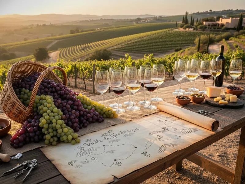 Harvest season tasting table with grapes wine glasses and a Valle de Guadalupe route map
