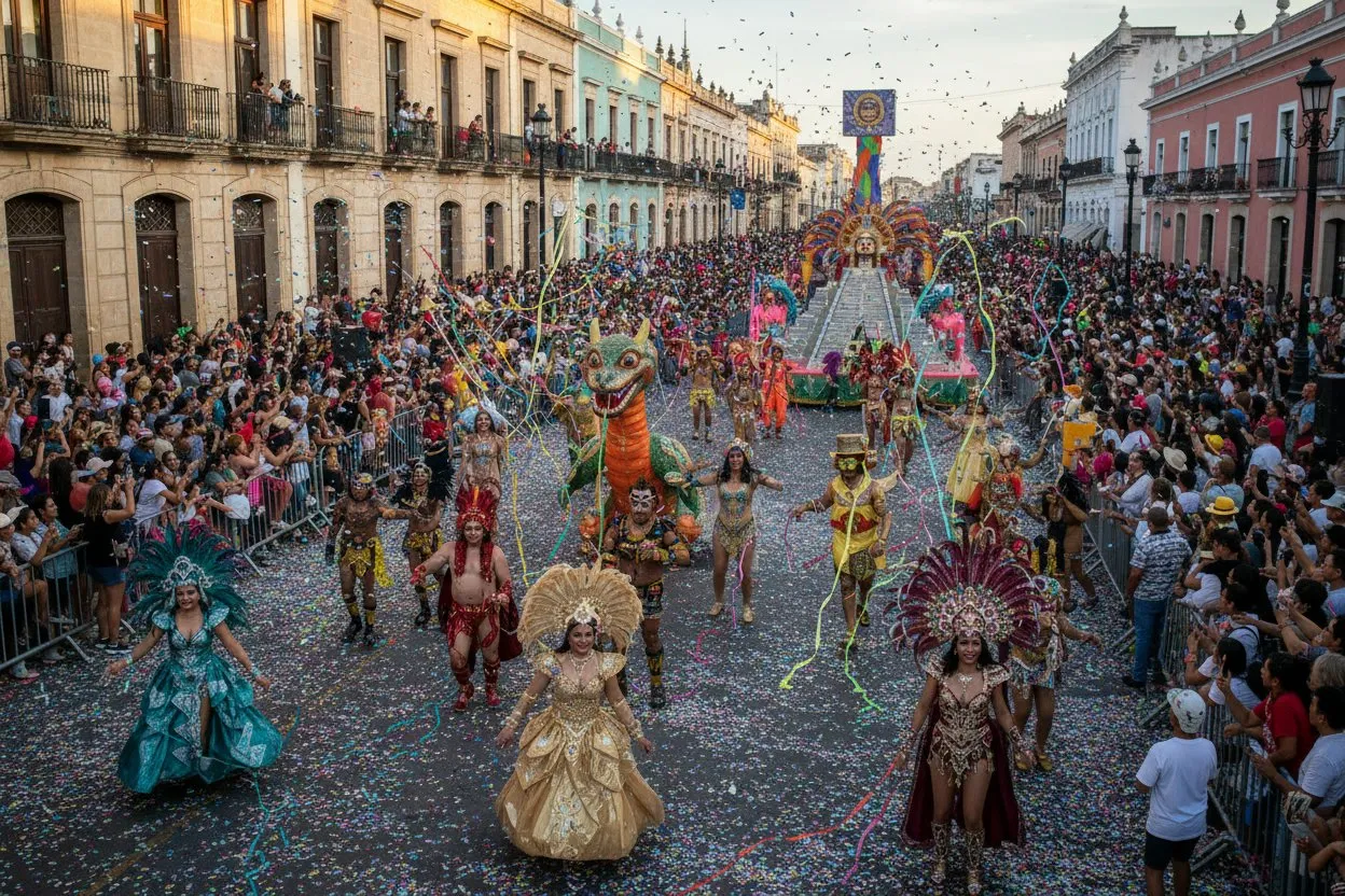 Veracruz Carnival festive scene where tamales veracruzanos wrapped in banana leaves are sold at market stalls