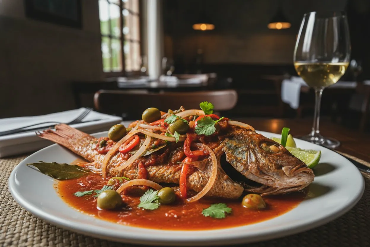 Whole fried fish on a white plate with red sauce, onion slices, olives, cilantro, and lime wedges on a restaurant table