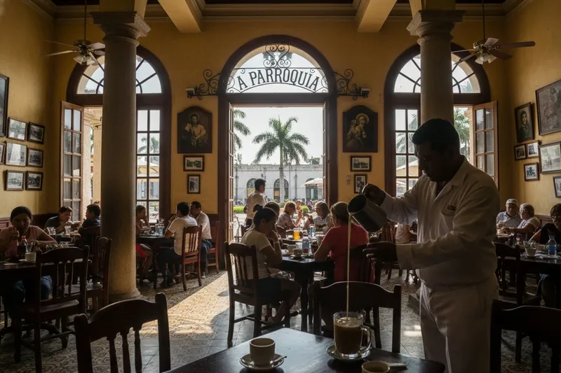 Café La Parroquia tables and traditional lechero service in Veracruz