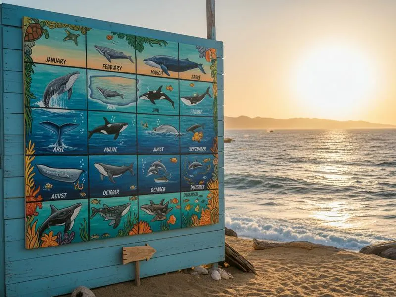 Map of Mexico showing whale watching locations and seasonal calendar from December to April