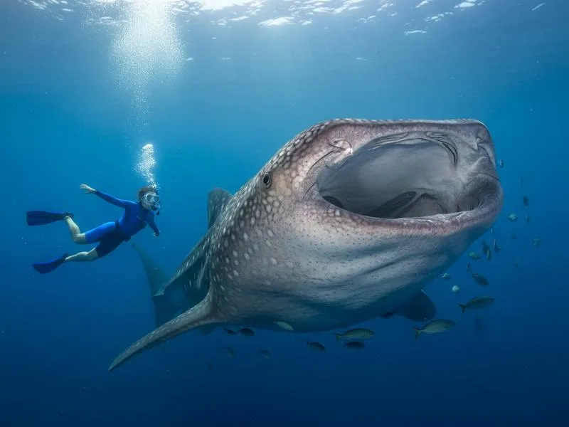 Underwater view of the massive scale of a whale shark with a snorkeler for size comparison in Mexican waters
