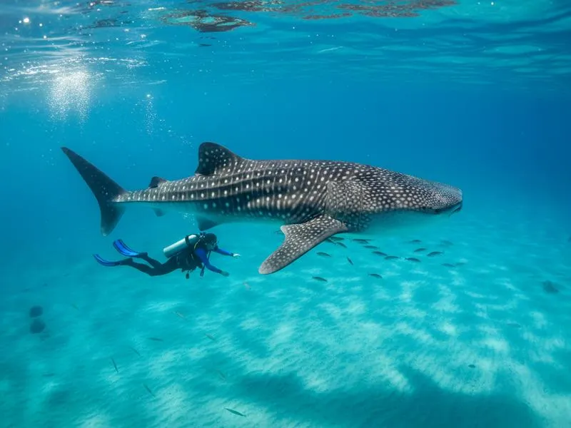 Traveler snorkeling with a whale shark during Mexico's June whale shark season