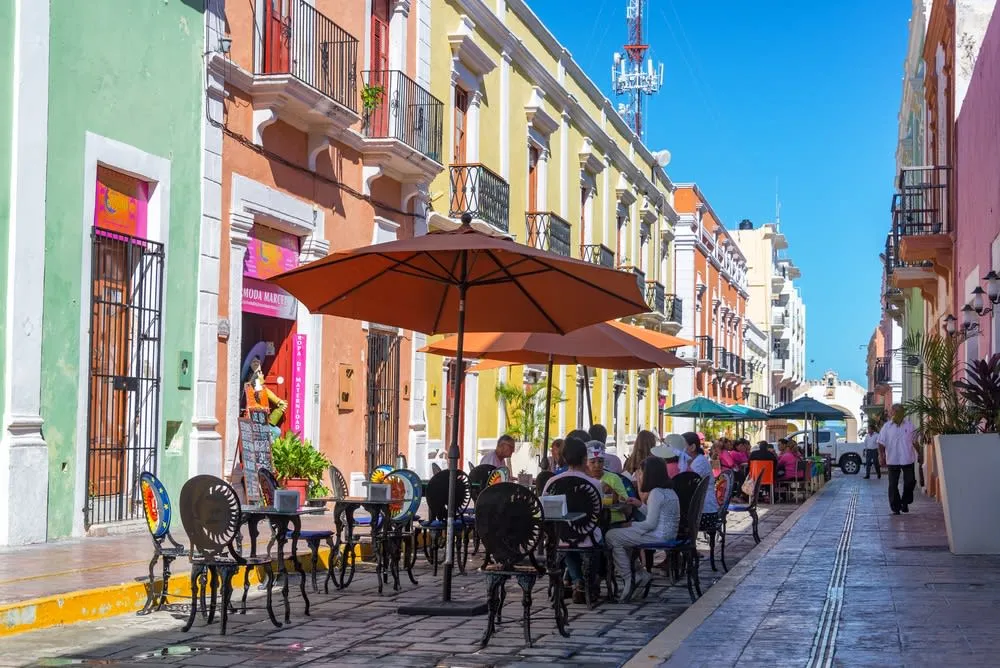 Historic Campeche street with colorful colonial facades