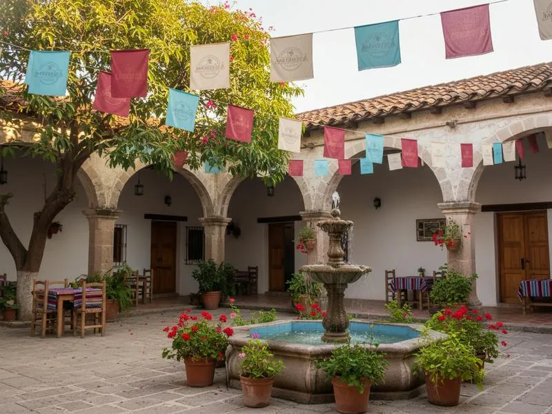 Small colonial hotel courtyard in Dolores Hidalgo with flag decorations