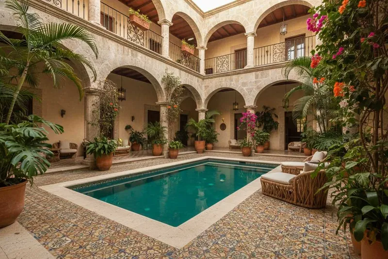 Mérida hotel courtyard with a swimming pool, tropical plants, and shaded colonial-style seating