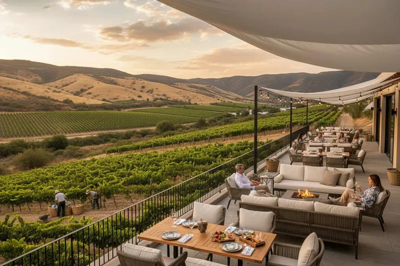 Boutique vineyard hotel terrace in Valle de Guadalupe during vendimia season