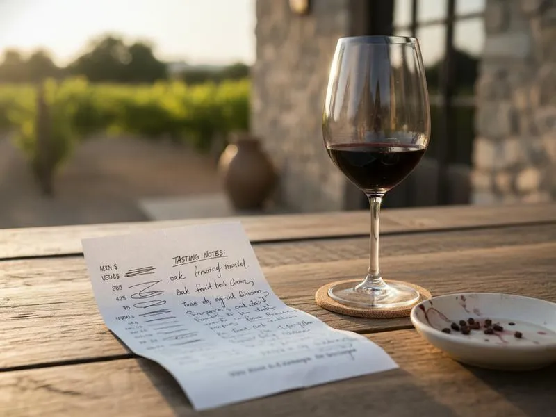 Valle de Guadalupe wine tasting receipt with pesos dollars and tasting notes
