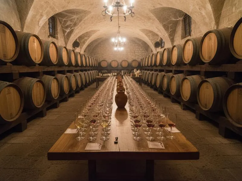 Valle de Guadalupe winery barrel room with tasting glasses ready for guests