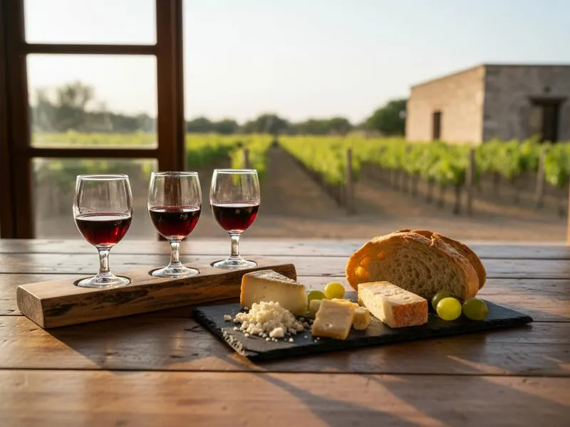 Small wine tasting flight with Baja cheeses and bread at a Valle de Guadalupe winery