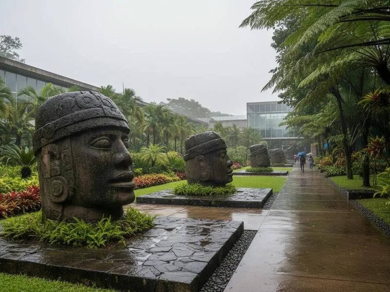 Cozy highland hotel courtyard with covered walkways for rainy Veracruz afternoons
