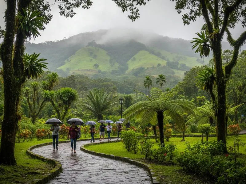 Misty cobblestone street in the green Veracruz highlands after an afternoon shower