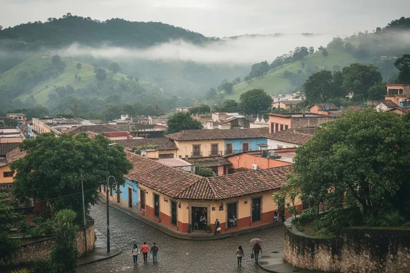 Misty green hills and red-roofed streets around Xalapa in the Veracruz highlands