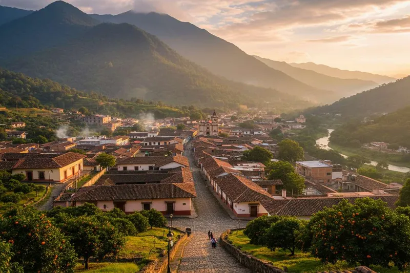 Rooftops and green hills around Xico in the Veracruz highlands