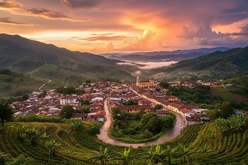 Green hills and rooftops around Xico at the start of rainy season