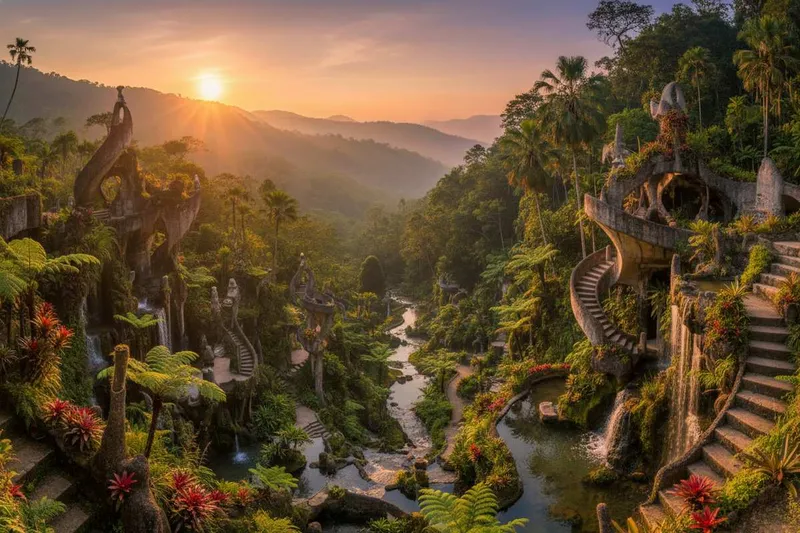Mist and green hills around Xilitla during rainy season in the Huasteca region