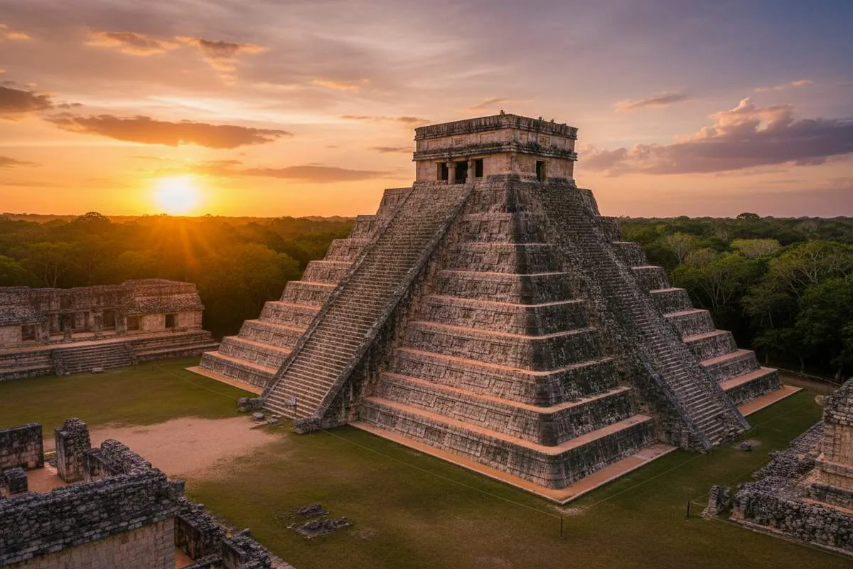 A large stepped stone pyramid rises above grassy ruins with the sun low on the horizon