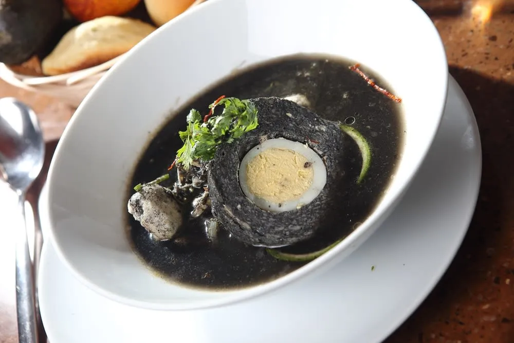 Relleno negro — Yucatan black turkey stew made with charred chile recado negro in a traditional clay pot