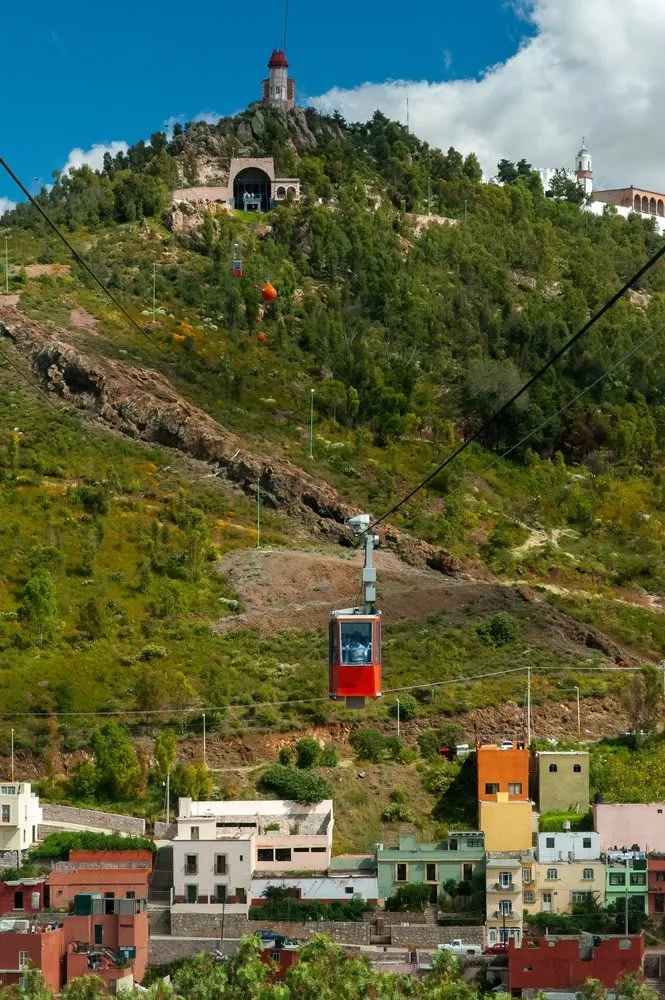 Cable car cabin crossing above the rooftops of Zacatecas