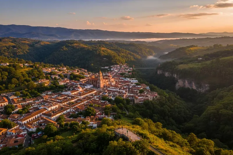 Zacatlán rooftops and clock tower surrounded by lush rainy-season Sierra Norte hills