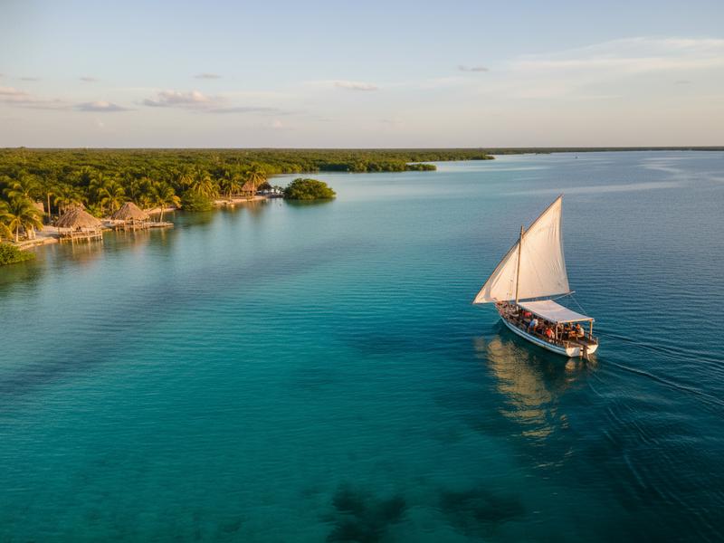 Quiet Bacalar pier at the lagoon edge with blue water, summer clouds, and hammocks nearby