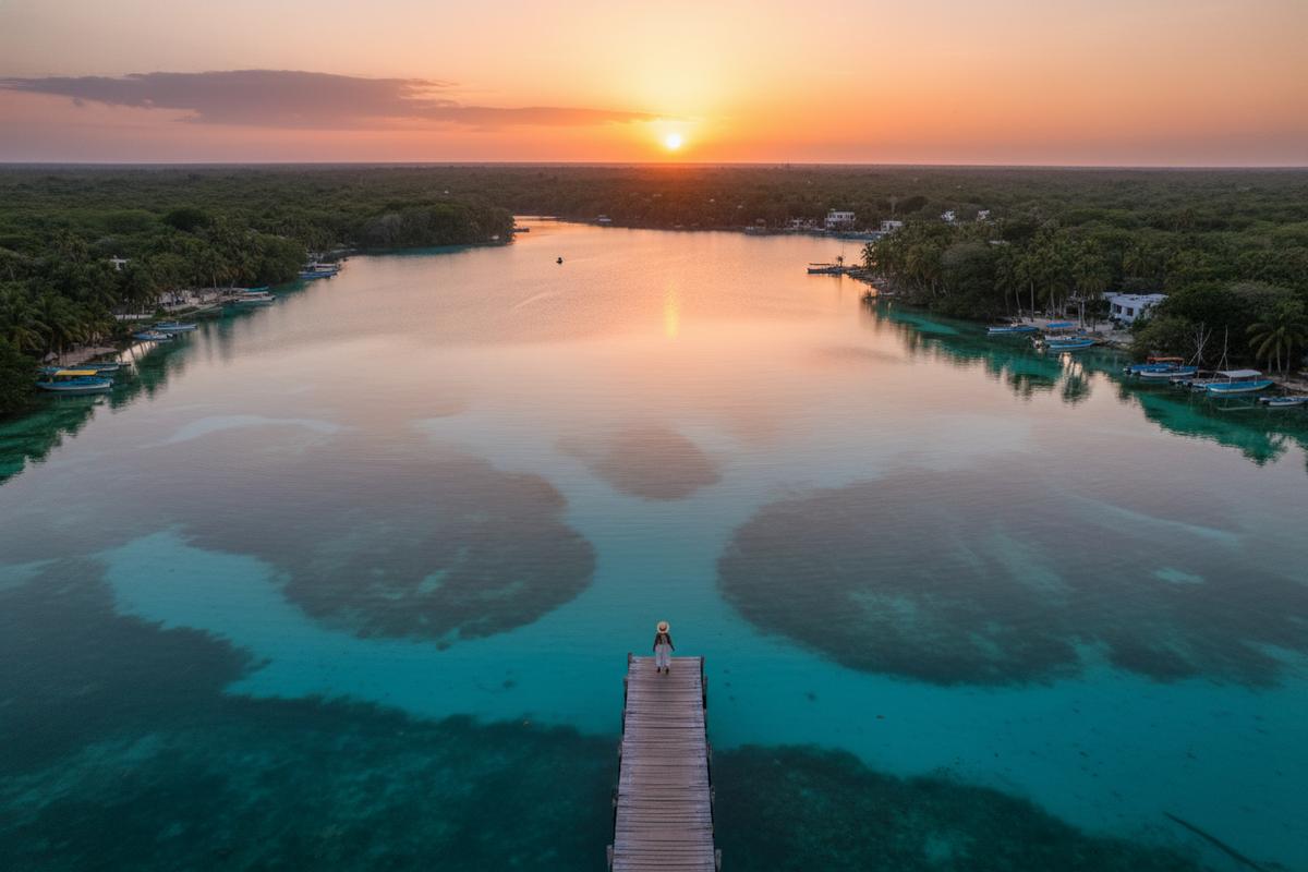 Turquoise Bacalar lagoon under humid June clouds with wooden docks along the shoreline