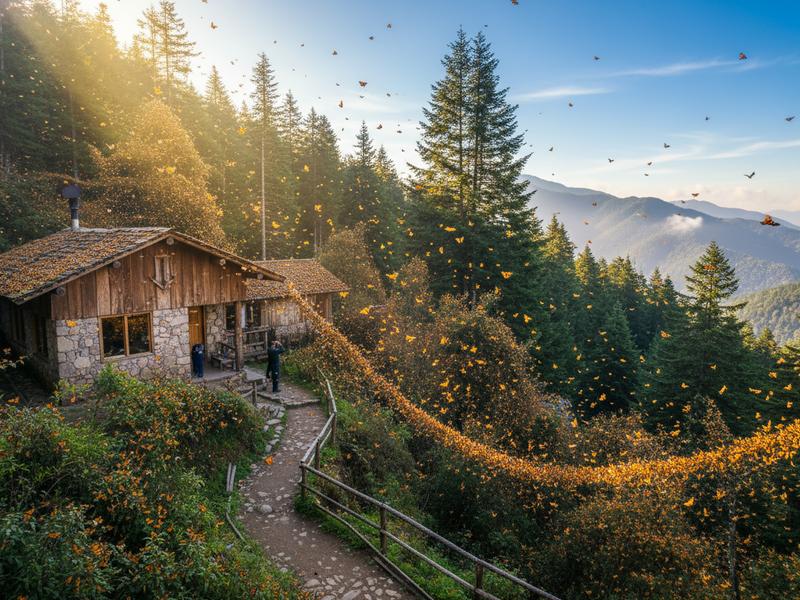Rustic mountain lodge in pine forest near monarch butterfly sanctuary in Mexico